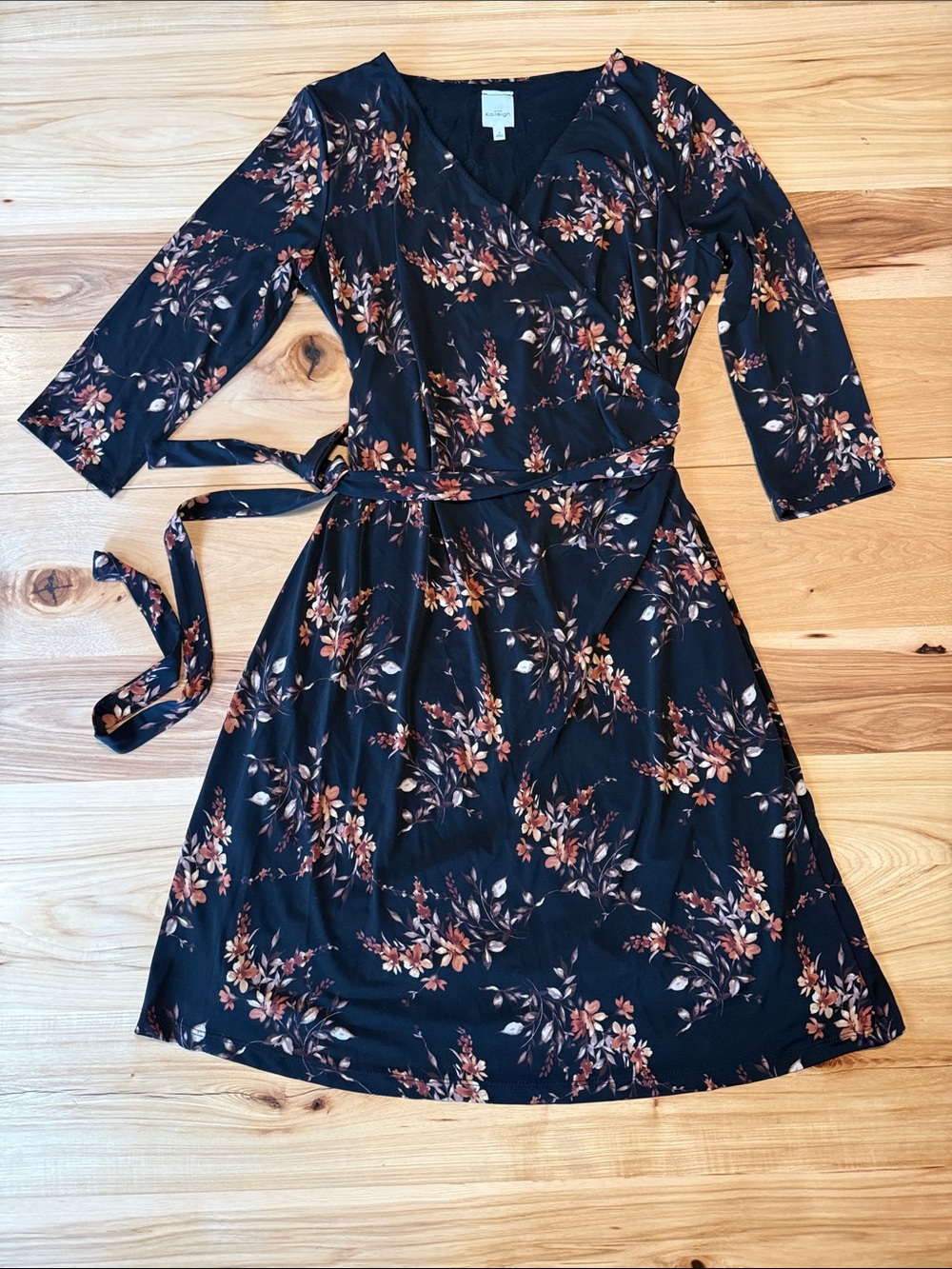 Kaileigh Black Wrap Midi Dress with Rust & Cream Floral